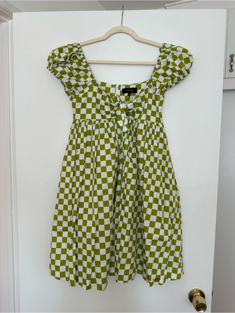 Green Checkered Puff Sleeves Dress